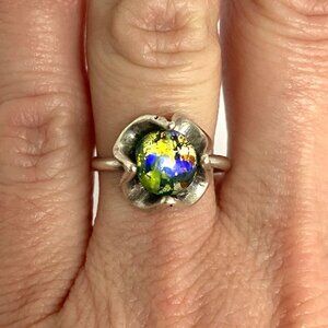 VTG Sterling Silver 925 Mexico Round Multicolor Dichroic Art Glass Ring Sz 6